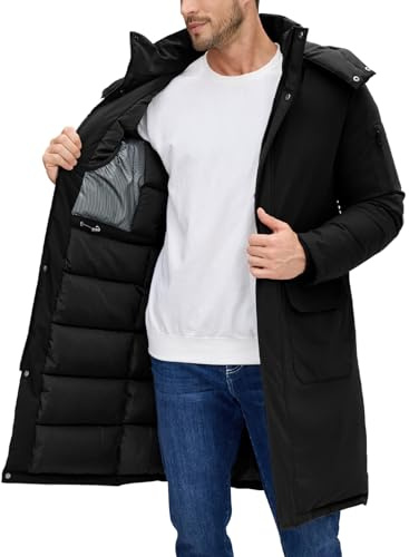 TOMEEK Giacca Invernale Uomo Cappotto Termici Giubbino Lungo Inverno Spesso Parka Cappotti Antivento Giubbotto con Cappuccio Casual con Cerniera e Tasche Trapuntata(Nero,XXL)
