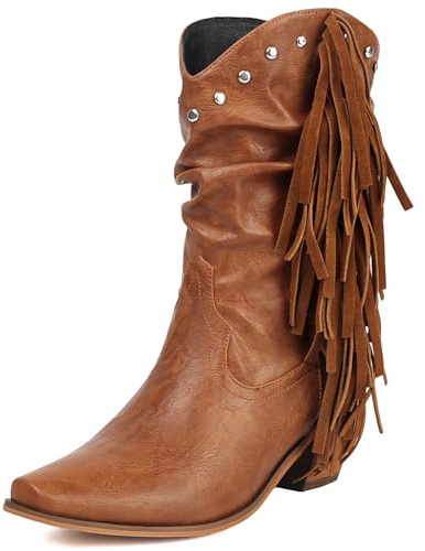 Galindopia Mujer's Botas Cowgirl Mid Calf Flecos Block High Heel Clásico Western Botas Cortas Botas de Vaquero para Mujer Pull on Zapatos Brown Size 38