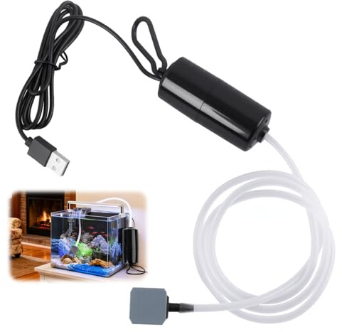Mini USB Aquarium Air Pump, Mini USB Fish Tank Oxygen Air Pump, 1W Ultra Silent Portable Fish Tank Oxygen Pump with Air Stone and Single Outlet Silicone Tube Device for Aquarium Outdoor Fishing