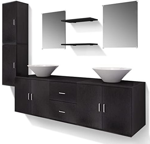 vidaXL Set 9pz Mobili da Bagno armadietti Ripiani Specchio lavabo lavandino Nero