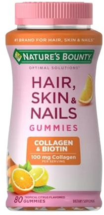 Nature's Bounty Optimal Solutions Hair, Skin & Nails with Biotin and Collagen, Citrus-Flavored Gummies Vitamin Supplement, 2500 mcg, 80 Ct, 40 Total Servings