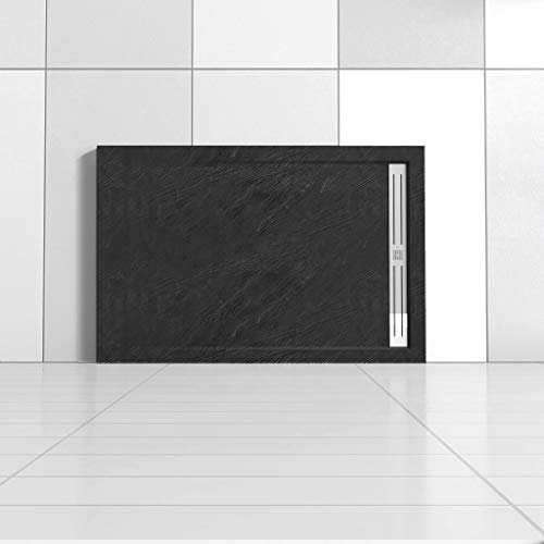 Piatto Doccia Rettangolare 70x100x3cm in Pietra Vulcanica e Resina Mista finitura Pietra Nera Ruvida Ultraslim Antiscivolo Antibatterico