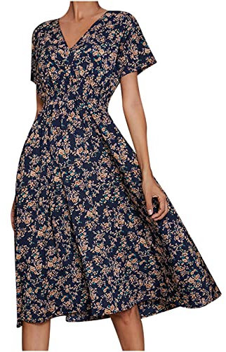 AMhomely Women's Casual Floral Print Off Shoulder Mid-Calf Dress - V-Neck, UK Size Sale Work Office Plus Size Wedding Guest Dress