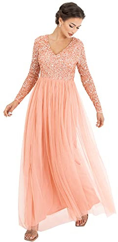 Maya Deluxe Damen Womens Ladies Dress Sleeve for Wedding Guest V Neck High Empire Waist Maxi Long Length Evening Bridesmaid Prom Kleid, apricot, 36
