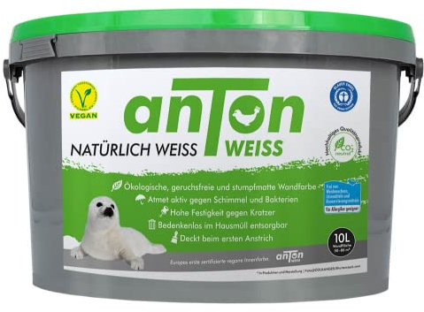 Anton Weiss® vegane Wandfarbe weiss | 10L 10er Pack | geruchsneutral & atmungsaktiv | ökologische Mineralfarbe weiß stumpfmatt | hohe Deckkraft | beugt Schimmel vor