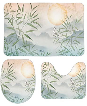 Homeoanimal Reed Bamboo Leaves Mountain Lake Bath Mat Set, Bathroom Rugs Sets 3 Pieces, Toilet Mats, Soft Comfortable, Non-Slip, Easier to Dry for Floor Mats 40 x 60 cm