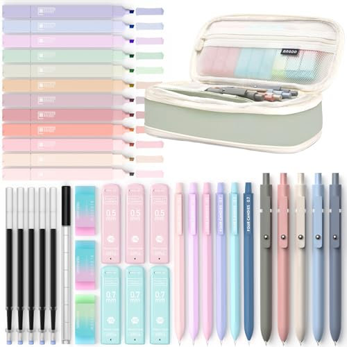 Four Candies 39 Stück Schulsachen mit Mäppchen, 12 Pastell Textmarker, 5 Gelstifte, 6 Druckbleistift Set, Aesthetic Stifte und Coole Sachen für Teenager Mädchen School Stuff Clean Girl (Grün)