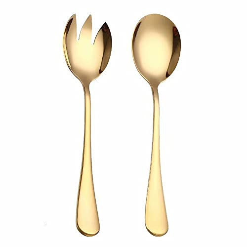 Salladsbestick set i rostfritt stål salladsbestick salladsskedar och gaffel sallad serveringsredskap salladslöjare för att kasta och servera paket med 2 (guld)