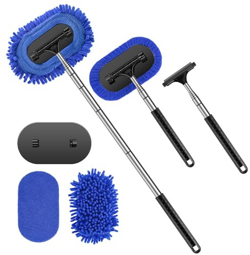 Kwak's 3-in-1 Mikrofaser-Autowaschbürste mit einziehbarem Auto Glas Squeege, Auto Windschutzscheibe Reinigungswerkzeug Wesentliche Werkzeuge für Autowäsche