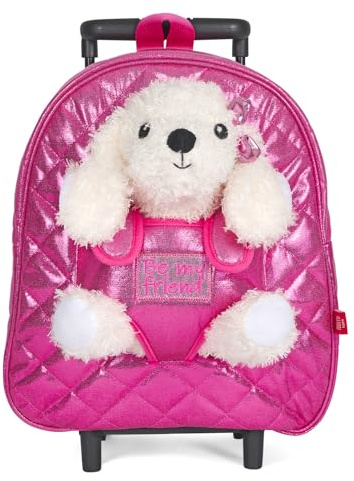 PERLETTI Mochila Ruedas Niña con Caniche Peluche - Trolley Infantil Niñas Guardería con Perro Peluche Extraíble Rosa - Mochilita Regalo Niña con Carro Desmontable - 32x18x11cm (Mochila con Ruedas)