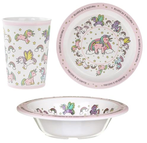 Vajilla infantil de melamina con diseño de unicornio (3 piezas, plato, cuenco, vaso)