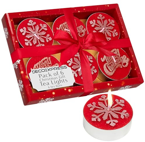 DECO EXPRESS Lumini Candele Natalizie Set, Pacco da 6, 12 o 15 con 2,5, 3 o 6 Ore Non profumato, Decorazioni Natale (Set rosso da 6)