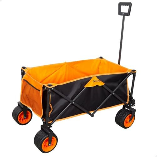 Aktive Carro Transporte Plegable, Playa, Jardín, Camping, hasta 100 kg, Ruedas robustas y giratorias 360 Grados con Frenos, Mango multiángulo, con Bolsillo, con Funda, Portasillas, Negro y Naranja