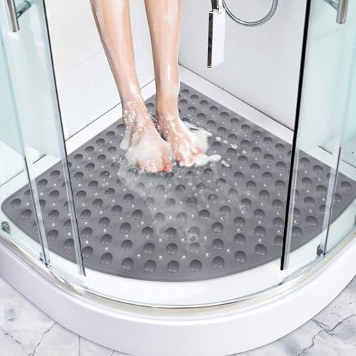 Dricar Corner Shower Mat, 70 x 70 cm Large Non Slip Anti Mould Bath Shower Mats for Inside Shower, Rubber Bath Mat with Suction Cups and Drain Holes, Machine Washable (Grey)