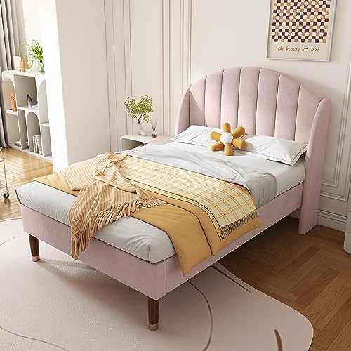 AYOROF Upholstered Double Bed Frame 135 x 190 cm, 4FT6 With Slatted Frame and Headboard, Youth Bed, Wooden Slatted Support, Without Mattress, Pink Velvet