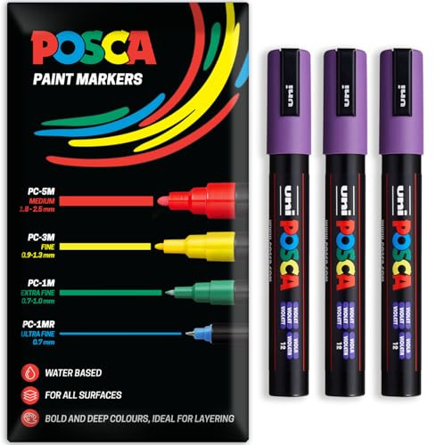 Posca - Pennarello indelebile a base d'acqua – uso multi superficie – PC-5M – Confezione da 3 penne a portafoglio (Viola)
