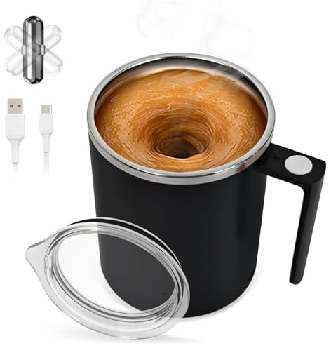Self Stirring Mug, 304 Stainless Steel Magnetic Cup, Transparent Lid | Auto Mixing for Coffee, Milk & Office Use(Black)