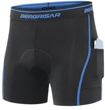 BERGRISAR Pantaloncini da ciclismo imbottiti da uomo, biancheria intima da strada, mountain bike, pantaloncini da ciclismo traspiranti, Blu con tasche, L