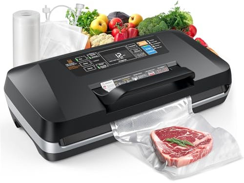Macchina per sottovuoto da 95 kpa, potente sistema di sigillatura 10 in 1 per sigillare alimenti con tempo digitale, doppia sigillatura a caldo, conservazione sacchetti, taglierina integrata, 1 rotolo