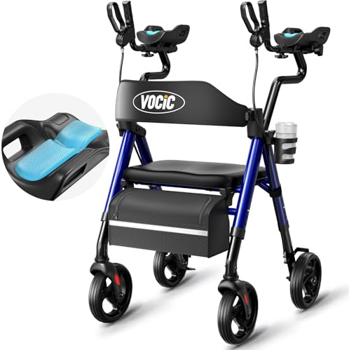 VOCIC Z22 - Deambulatore pieghevole e leggero con sedile, deambulatore GelSoft con supporti avambracci e braccioli regolabili, deambulatore per anziani con seduta confortevole, fino a 136 kg