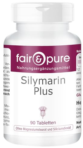 Fair & Pure Silymarin Plus tabletter, 90 stycken, komplex med mariatistel, vitamin C & E, kronärtskocka, gurkmeja, inositol, selen, veganskt kosttillskott utan tillsatser, tillverkat i Tyskland