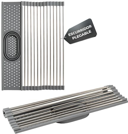 PACK&BACK Escurridor de Platos para Fregadero Plegable de Acero Inoxidable – Escurreplatos sobre Fregadero con Compartimento para Cubiertos – Ideal para Cocinas Pequeñas y Ahorrar Espacio
