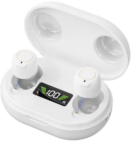 Amplificatore acustico ricaricabile – 3,2 g vestibilità leggera, suono chiaro con riduzione del rumore, uso 35 ore più potenza extra 350 ore, comandi touch e custodia di ricarica LED (bianco)