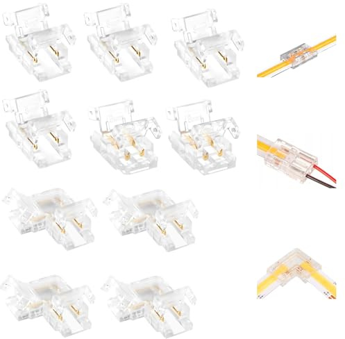 Fresilkora 10 piezas Conector Tira LED COB 2 pin 8 mm de Ancho,conectores centrales transparentes de 6 piezas, forma de L de 4 piezas para tiras LED, Conector rápido de luz de Cinta LED