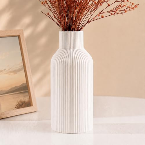 YOMKILU Jarrón de cerámica de 20cm de alto, con hierba de la pampa. Pequeño jarrón para decoración, mesa de comedor, estantería, repisa de chimenea y entrada, Sencillo, moderno, estilo bohemio, blanco