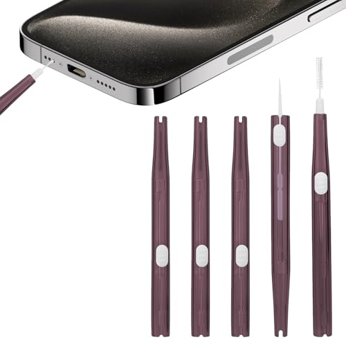 5-delars Rengöringskit för Laddningsport, Dubbelborste och Krok, USB-C Städkit för Mobiltelefon, Hörlurar, Laddare, Högtalare (Lila)