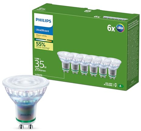 Philips UltraEfficient LED Lampa GU10 Spotlights, 6-pack, 215 Lumen, 35 W, Utan Flimmer, EyeComfort, Lång Livslängd, Spotlight till Smarta Hem, Varmvitt Ljus 2 700 K