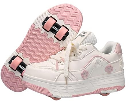 Mateju Scarpe con Rotelle Bambina Ragazza Sportive Scarpe da Skateboard, Margherite 4 Rotelle Rimovibile Skateboard Ginnastica da Pattini Sneakers per Bambino, 30-40 EU (Bianche e Rosa,34)