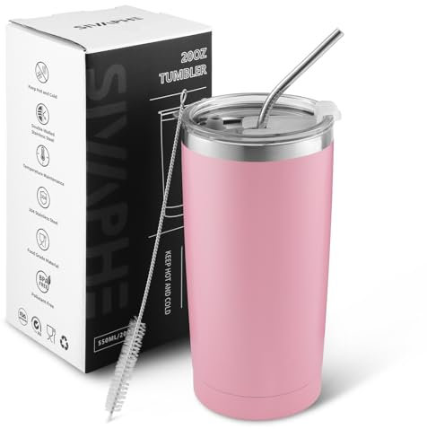 Sivaphe 20 OZ Insulated Tumbler Stainless Steel with Straw and Lids, Travel Coffee Cup Double Wall Vacuum Drinking Glasses for Camping Hiking Pink 550ML