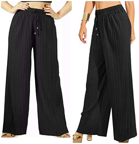 Diffusion Ladies Women's Wide Leg Trousers Harem Pleated Crinkle Flared Pants Palazzo Plain Baggy Fits UK 8-22 (Black)