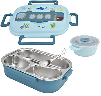 3-in-1 Bento Lunch Box, 1200ml Sealed Insulated Lunch Box, Stainless Steel Leak‑Proof Cartoon Lunch Box, Storage Container with Compartments for Kids Adults(Blue)