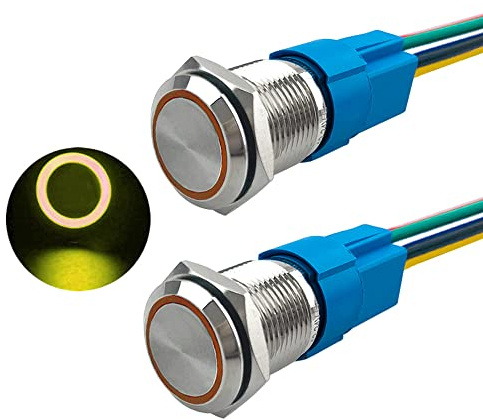 Aiqeer 2 Pezzi 16 mm Interruttore a Pulsante Momentaneo, 12V / 24V 5A Interruttore di Accensione per Auto, Interruttore a Pulsante in Metallo con Presa Precablata (LED Giallo)