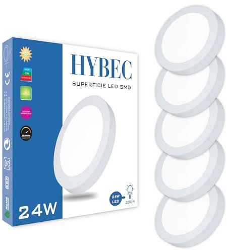 HYBEC - Downlight LED Superficie 24W, Focos Interior, Plafón Para Techo Cocina, Blanco Frío 6000Kº (Pack 5)