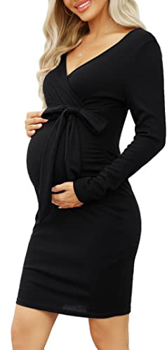 KOJOOIN Gonna Premaman da Donna Vestiti Premaman a Maniche Lunghe Stretto con Scollo a V Tuta Premaman Abbigliamento da Festa al Ginocchio con Cintura (Confezione Multipla), A-Nero, L