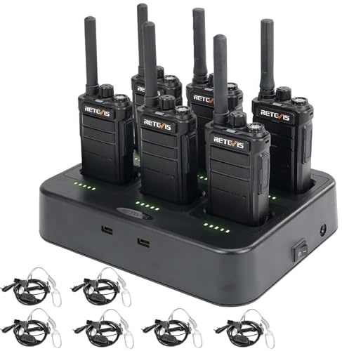 Retevis RB26 Two Way Radio Long Range with Earpiece, Rechargeable Walkie Talkies with 6 Way Charger, 21-Hours, USB-C, Flashlight, GMRS Repeater Capable, 2 Way Radio for Hotel Security Jobsite(6 Pack)