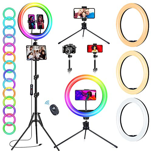 13 Zoll Ringlicht mit Stativ Handy, Tisch LED Ringleuchte, 160CM/63 groß Handystativhalter mit ringlicht, Dimmbare 50 RGB-Modi,12 Helligkeit Ring Light für Selfie YouTube TikTok Makeup Fotografie
