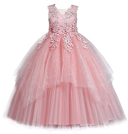 Lolanta Prinsessklänning för flickor, vit, festlig, för bröllop, nattvard och parad, blomsterflicksklänning, party, A-linje, golvlång balklänning av satin, tyllklänning, broderade spetspärlor