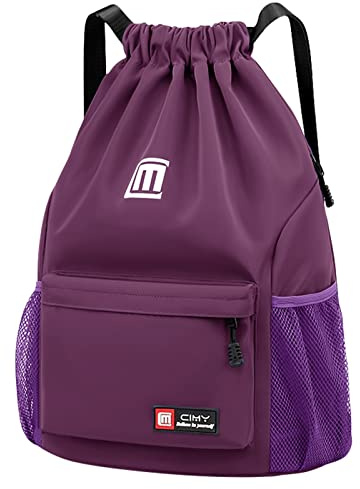 Drawstring Gym Bag with Mesh Pockets Water Nylon Outside Zipper, Purple | Large Drawstring Bag Lightweight for Sports Holidays Swimming Travel, Swim Backpack for Men Women Girls Boys Adults
