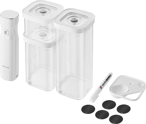 ZWILLING FRESH & SAVE CUBE Vakuum Starter Set, Größe S, 6-teiliges Vakuum-Aufbewahrungsset inkl. 3x CUBE Boxen S, Vakuumpumpe, Messlöffel, NFC-Etiketten, Transparent-weiß