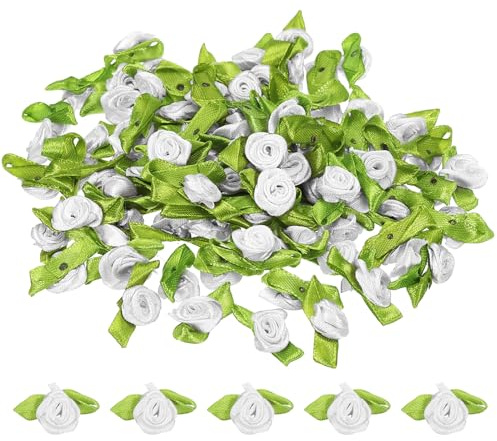 PATIKIL Mini Rose di Nastro, 100pz Piccoli Fiori Stoffa Raso con Foglie Verdi Applicazioni Rosoni per Artigianato Fai da Te Cucito Matrimonio, Bianco