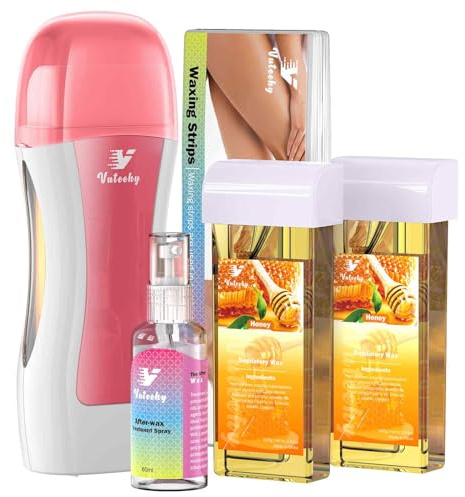 Vuteehy Roll on Wax Kit, Roll on Waxing Kit with 2 Honey Cartridges for Hair removal, Roller Kit for All Skin Types, Roller Waxing Kit for Women, Hair Removal with 2 Soft Cartridges and 50 Strips
