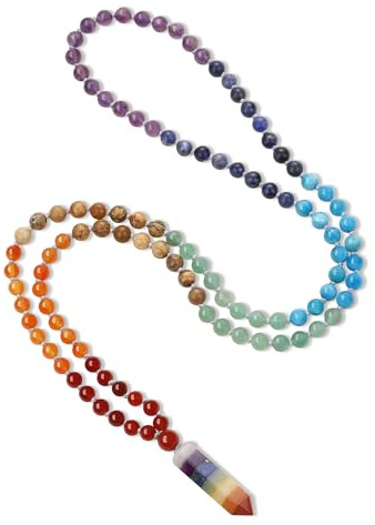 COAI Collana Rosario Uomo Donna Pietre Naturali Chakra, Collana Mala 108 Grani Pietre 7 Chakra Annodate a Mano e Ciondolo Pendolo Esagonale