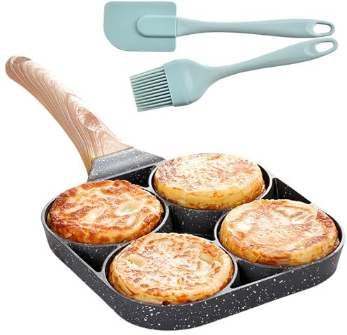 WEGREAT Padella per uovo fritto, pancake, a 4 fori, con rivestimento antiaderente, padella per uova con spazzola in silicone per colazione, uovo fritto, hamburger, per fornelli a induzione e a gas