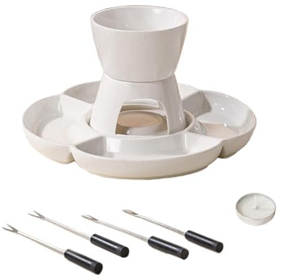 Keramisk ostfondue-set, ostfondue-kit, keramisk chokladfonduegryta, interaktiv fonduegryta med bricka, fonduegaffel och brickset, fondueset för barn och vuxna