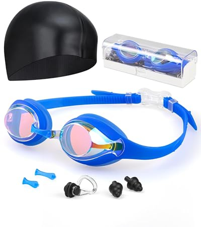 Hurdilen Kids Swim Goggles, Anti-fog and UV Protection with Swimming Cap for Age 3-15 Youth Boys Girls Toddler (Blue)