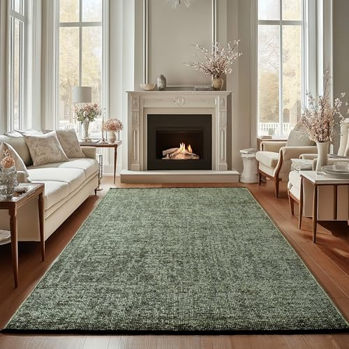 Carpettex Chenille Teppich Baumwolle Grün 120x170 cm Boho-Stil, Vintage Kelim, Waschbar, Kurzflor, rutschfest & Weich, Einfarbig Meliert, Für Wohnzimmer, Schlafzimmer, Büro & Küche